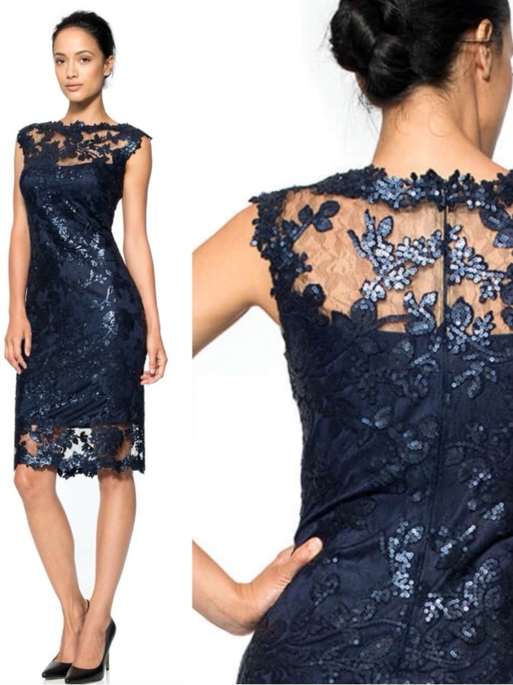 NWT Tadashi Shoji Navy Floral Lace Sequin Sheath Dress Cocktail Size 10 Party